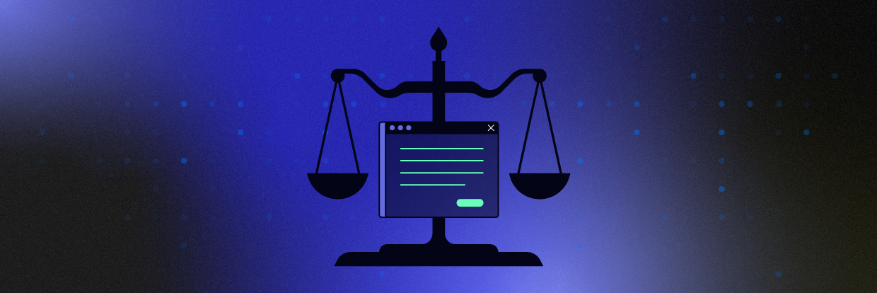 A black justice scale floats on a sapphire blue background. A computer monitor is shown over the scale.