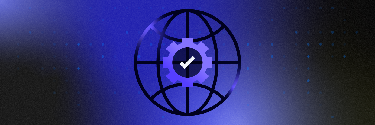 A dark blue globe with a white checkmark floats above a gradient blue background.